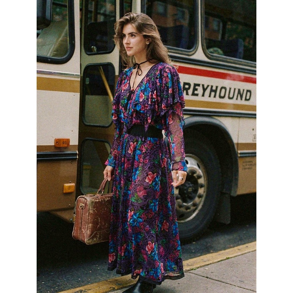 Vintage Diane Freis Silk Chiffon Beaded Collar Maxi Dress w/ Scarf, 1980s Boho